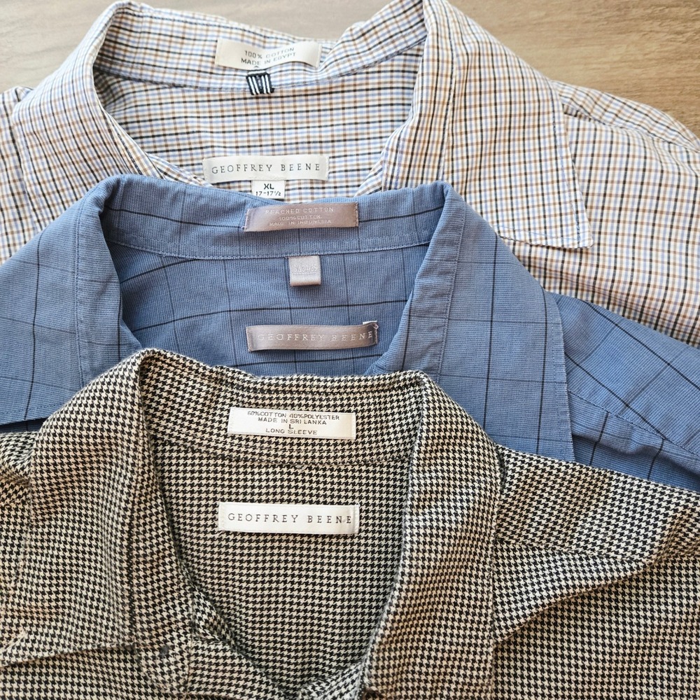 Geoffrey Beene Mens Long Sleeve Button Down Shirt L Houndstooth Plaid Blue 3 Set